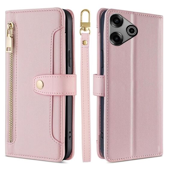 Per Tecno Pova 6 Pro 5G Custodia per telefono in pelle con cerniera a tracolla con trama di pecora (rosa)