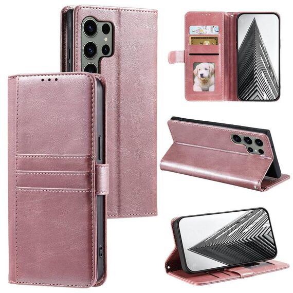 Custodia per telefono in pelle a portafoglio con 6 carte semplice per Samsung Galaxy S24 Ultra 5G (oro rosa)