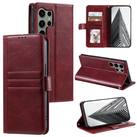 Per Samsung Galaxy S24 Ultra 5G Custodia a portafoglio in pelle semplice con 6 carte (vino rosso)