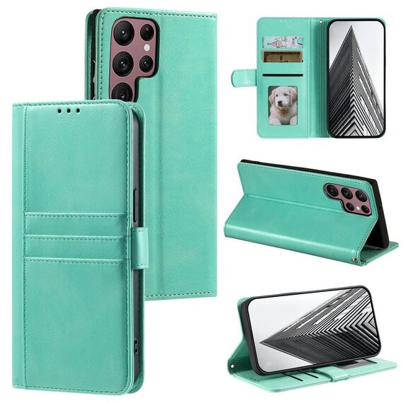 Custodia per telefono in pelle a portafoglio con 6 carte semplice per Samsung Galaxy S22 Ultra 5G (verde)