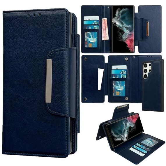 Per Samsung Galaxy S22 Ultra 5G Custodia multifunzionale in pelle a portafoglio con 7 carte (blu reale)