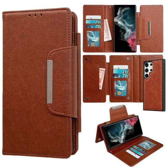 Per Samsung Galaxy S22 Ultra 5G Custodia multifunzionale in pelle a portafoglio con 7 carte (marrone)