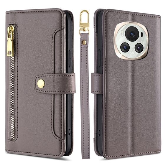 Per Honor Magic6 5G Custodia per telefono in pelle con cerniera a tracolla con trama di pecora (grigio)