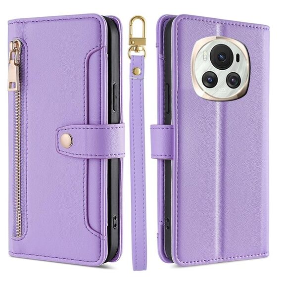 Per Honor Magic6 5G Custodia per telefono in pelle con cerniera a tracolla con trama di pecora (viola)