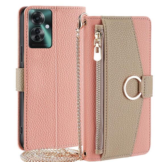 Per OPPO Reno11 F 5G Custodia per cellulare in pelle con texture litchi a tracolla (rosa)
