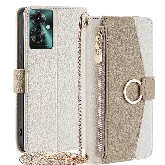Per OPPO Reno11 F 5G Custodia per telefono in pelle con trama a tracolla Litchi (Bianco)