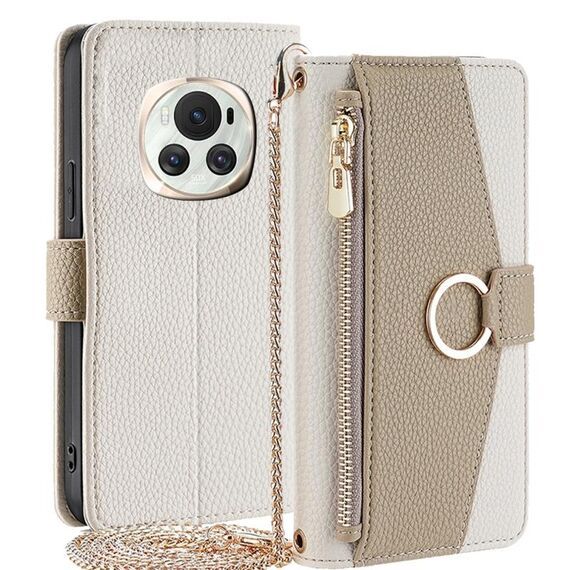 Custodia per telefono in pelle con trama crossbody Litchi per Honor Magic6 5G (bianca)