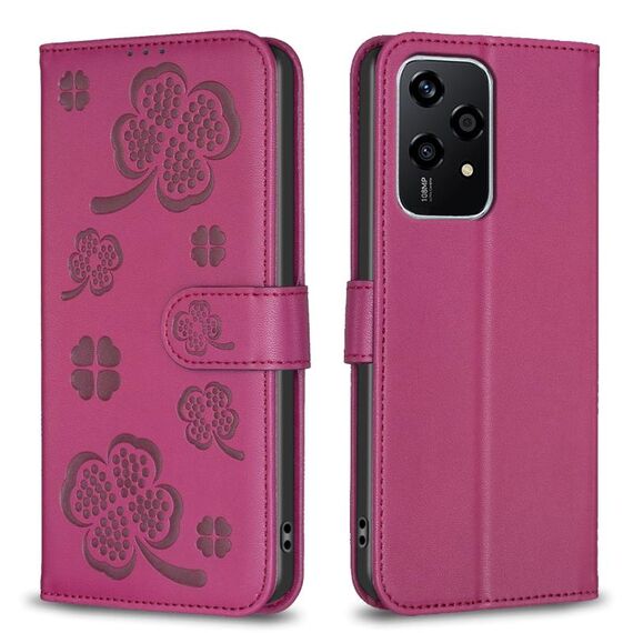 Custodia per telefono in pelle goffrata a quattro foglie per Honor 200 Lite (rosa rossa)