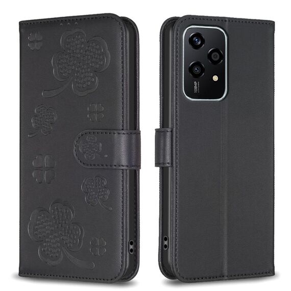Custodia per telefono in pelle goffrata a quattro foglie per Honor 200 Lite (nera)