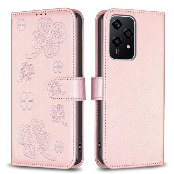 Custodia per telefono in pelle goffrata a quattro foglie per Honor 200 Lite (rosa)