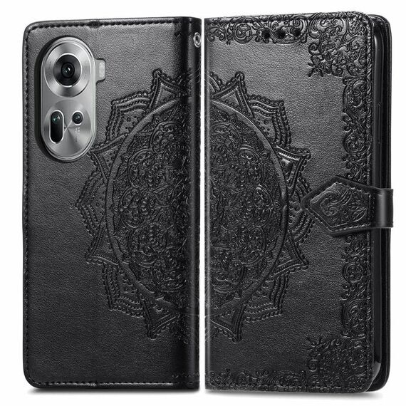 Per OPPO Reno11 Custodia per cellulare in pelle con motivo floreale mandala UE (nera)
