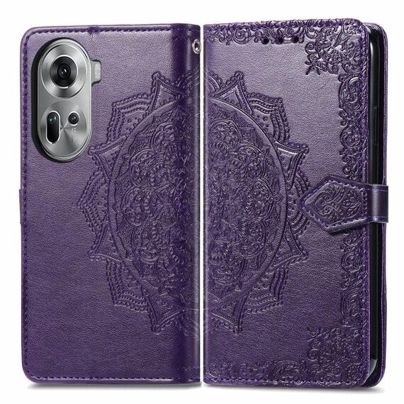 Per OPPO Reno11 Custodia per cellulare in pelle con motivo floreale mandala UE (viola)