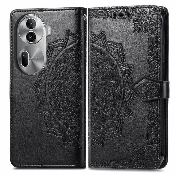 Per OPPO Reno11 Pro Custodia per cellulare in pelle con motivo floreale mandala UE (nera)