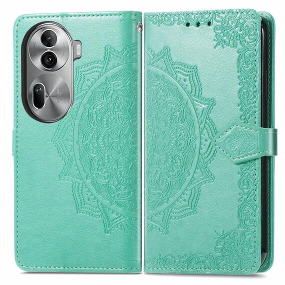 Per OPPO Reno11 Pro Custodia per telefono in pelle con motivo floreale mandala EU in rilievo (verde)
