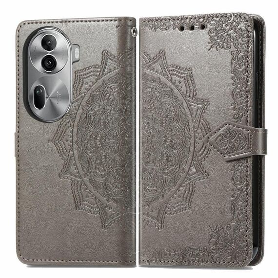 Per OPPO Reno11 Pro Custodia per cellulare in pelle con motivo floreale mandala UE (grigio)