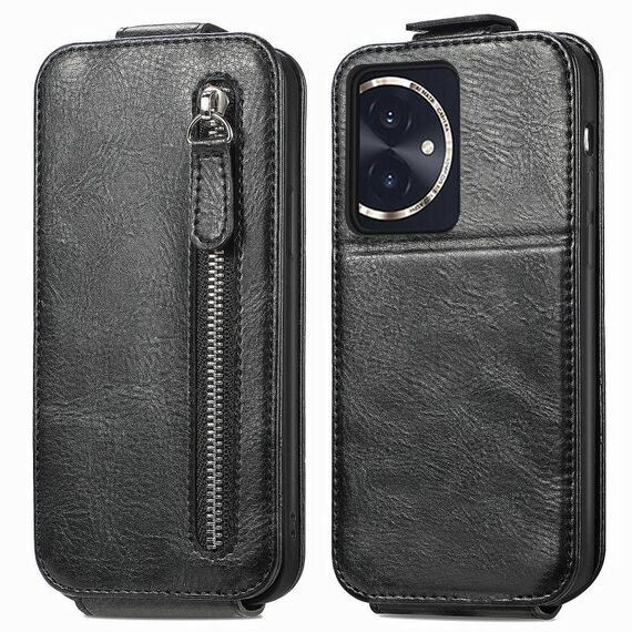 Custodia per cellulare in pelle con chiusura verticale a portafoglio con cerniera per Honor 100 5G (nera)