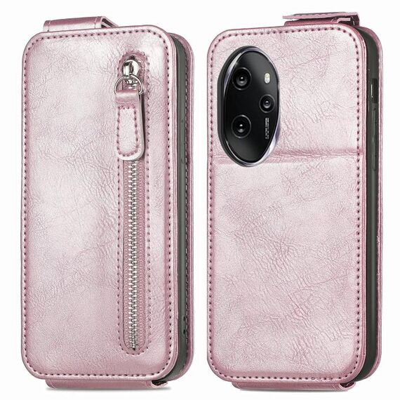 Custodia per telefono in pelle con chiusura verticale a portafoglio con cerniera per Honor 100 Pro (rosa)
