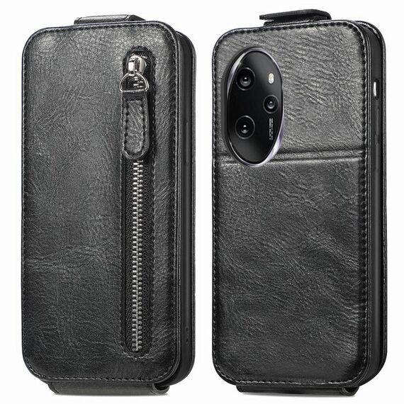 Custodia per telefono in pelle con chiusura verticale a portafoglio con cerniera per Honor 100 Pro (nera)