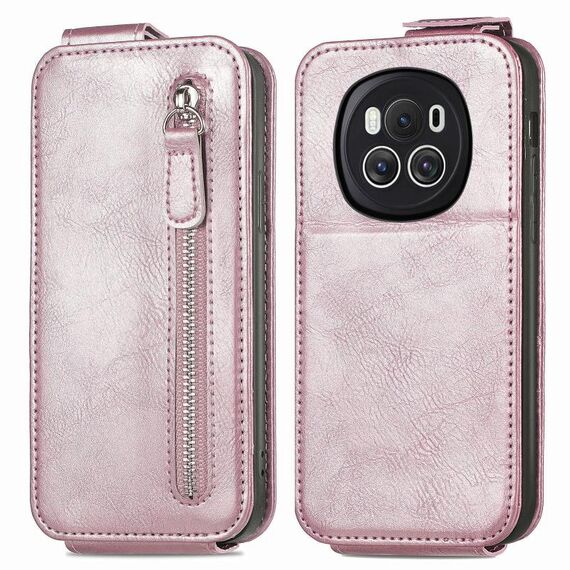 Custodia per telefono in pelle con chiusura verticale a portafoglio con cerniera per Honor Magic6 (rosa)