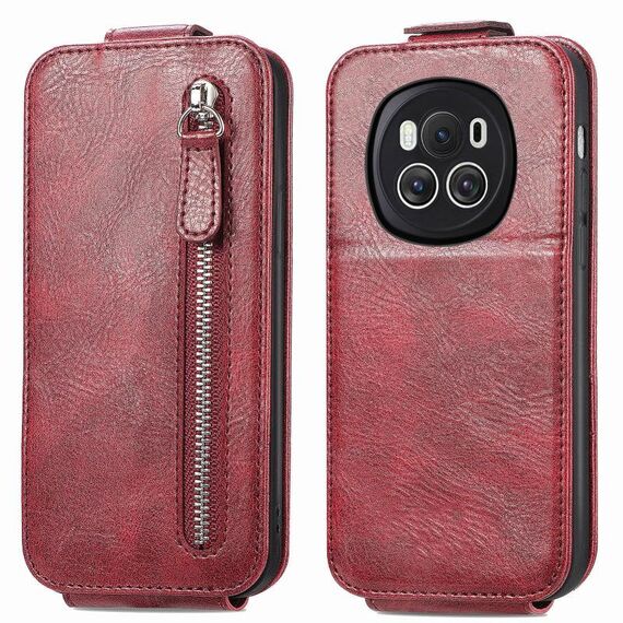 Custodia per telefono in pelle con chiusura verticale a portafoglio con cerniera per Honor Magic6 (rossa)