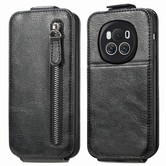 Custodia per telefono in pelle con chiusura verticale a portafoglio con cerniera per Honor Magic6 (nera)
