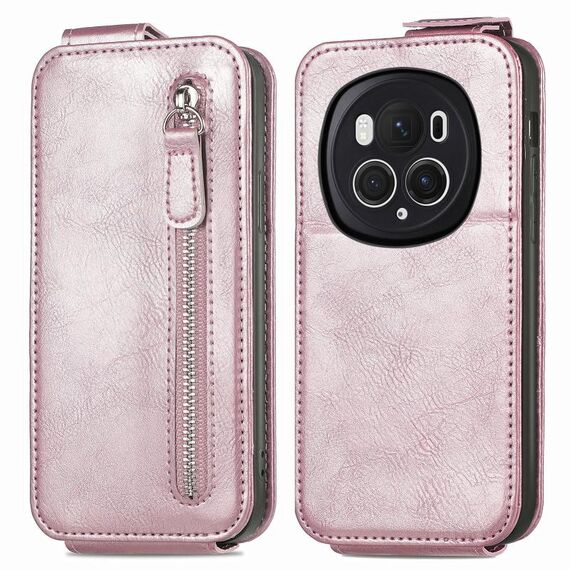 Custodia per telefono in pelle con chiusura verticale a portafoglio con cerniera per Honor Magic6 Pro (rosa)
