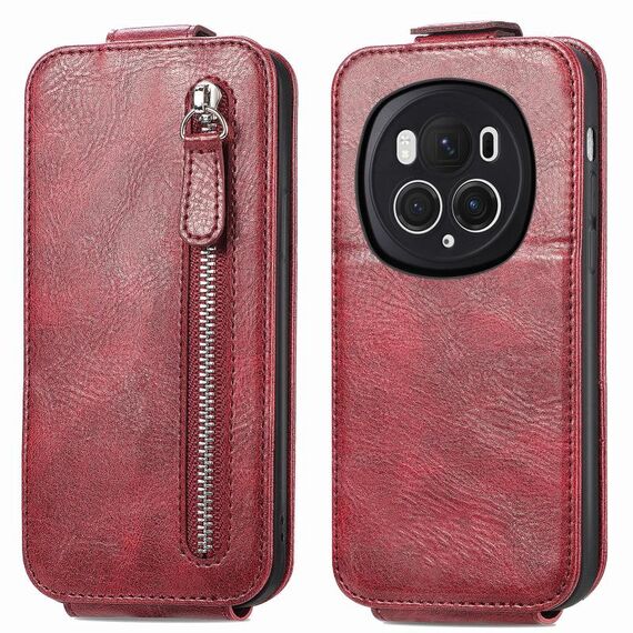 Custodia per telefono in pelle con chiusura verticale a portafoglio con cerniera per Honor Magic6 Pro (rossa)