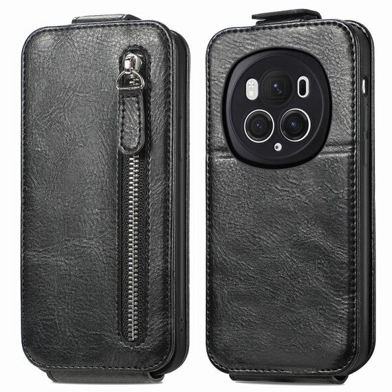 Custodia per telefono in pelle con chiusura verticale a portafoglio con cerniera per Honor Magic6 Pro (nera)
