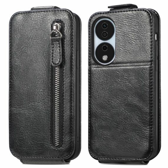 Custodia per telefono in pelle con chiusura verticale a portafoglio con cerniera per Honor X7b (nera)