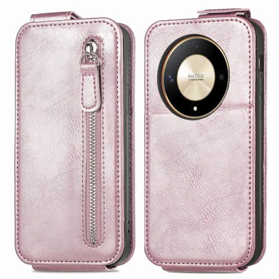 Custodia per cellulare in pelle con chiusura verticale a portafoglio con cerniera per Honor X9b (rosa)