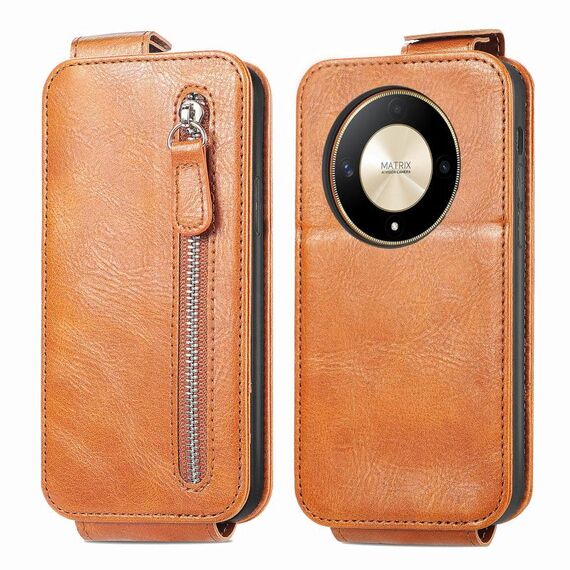Custodia per cellulare in pelle con chiusura verticale a portafoglio con cerniera per Honor X9b (marrone)