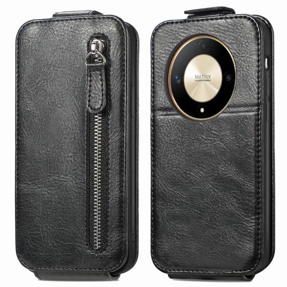 Custodia per cellulare in pelle con chiusura verticale a portafoglio con cerniera per Honor X9b (nera)
