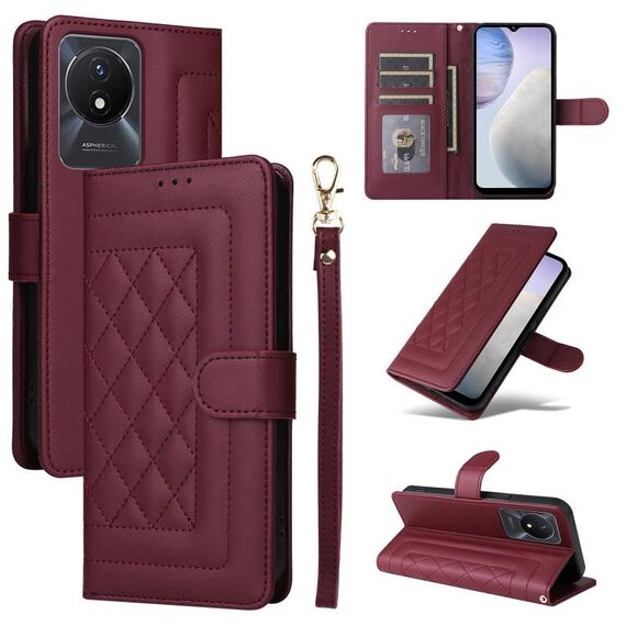 Custodia per cellulare in pelle con reticolo di diamanti per vivo Y02 (vino rosso)