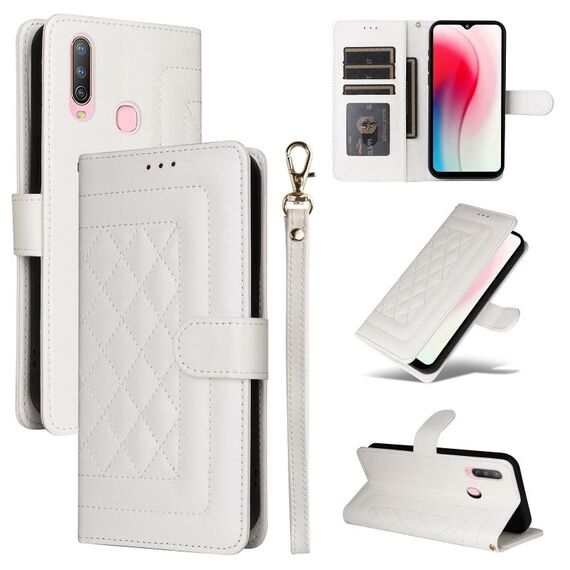 Custodia per cellulare in pelle con reticolo diamantato per vivo Y3 / Y17 (bianca)