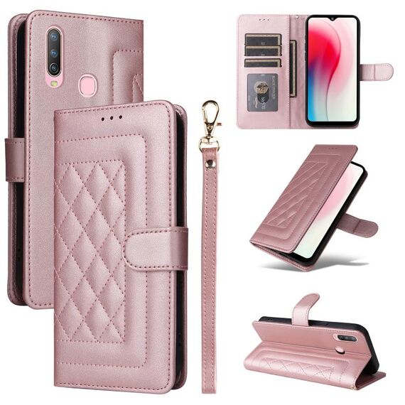 Custodia per cellulare in pelle con reticolo diamantato per vivo Y3 / Y17 (oro rosa)