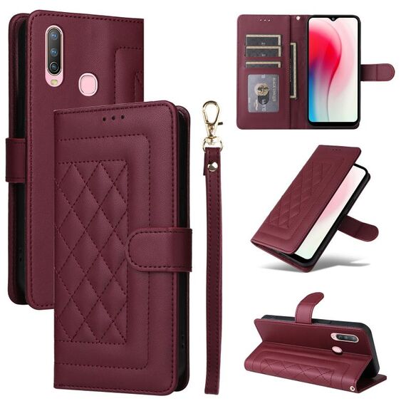 Custodia per cellulare in pelle con reticolo diamantato per vivo Y3 / Y17 (vino rosso)