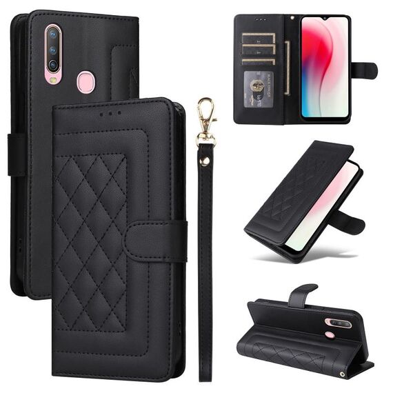 Custodia per cellulare in pelle con reticolo diamantato per vivo Y3 / Y17 (nera)