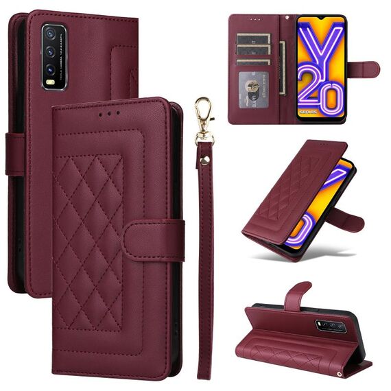 Custodia per cellulare in pelle con reticolo diamantato per vivo Y20 / Y20i (vino rosso)