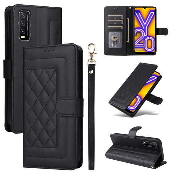Per vivo Y20 / Y20i Custodia per cellulare in pelle con reticolo diamantato (nera)