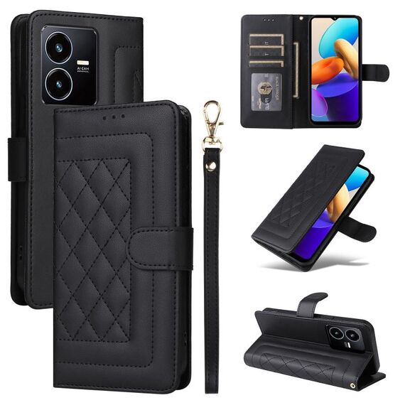 Per vivo Y22s / Y35 Custodia per cellulare in pelle con reticolo diamantato (nera)