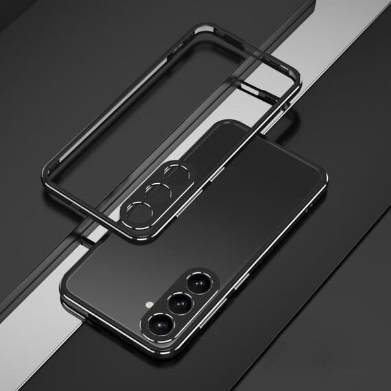 Per Samsung Galaxy S24+ 5G Serie Aurora Protezione per lenti + Custodia per telefono con struttura in metallo (Nero Argento)