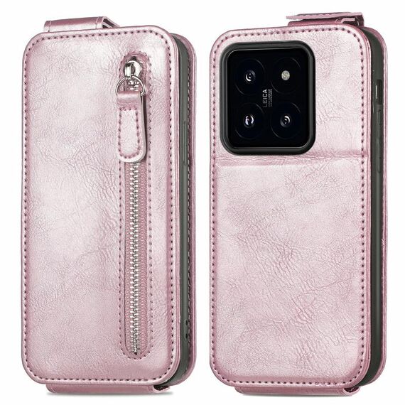 Custodia per telefono in pelle con chiusura verticale a portafoglio con cerniera Xiaomi 14 Pro (rosa)