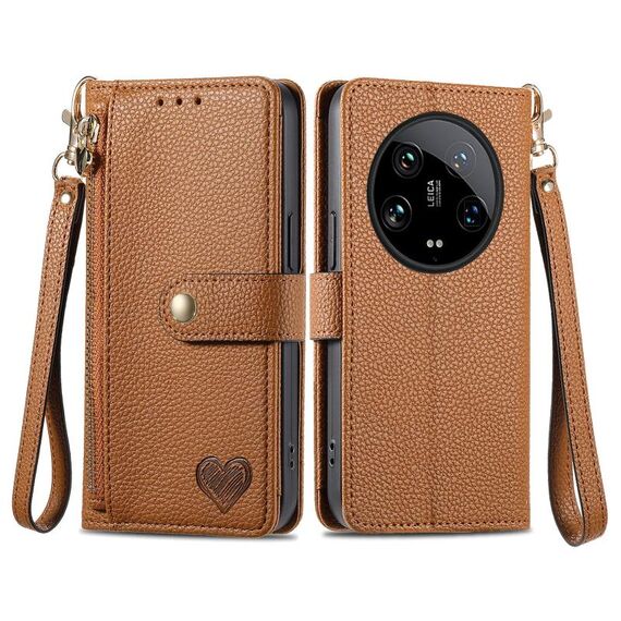 Per Xiaomi 14 Ultra Love Custodia in pelle con cordino con cerniera (marrone)