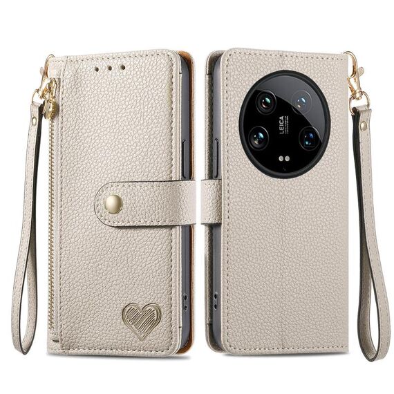 Per Xiaomi 14 Ultra Love Custodia in pelle con cordino con cerniera (grigio)