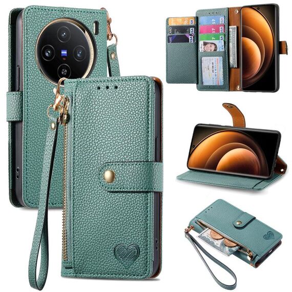 Custodia per telefono in pelle con cordino e cerniera per vivo X100 Love (verde)
