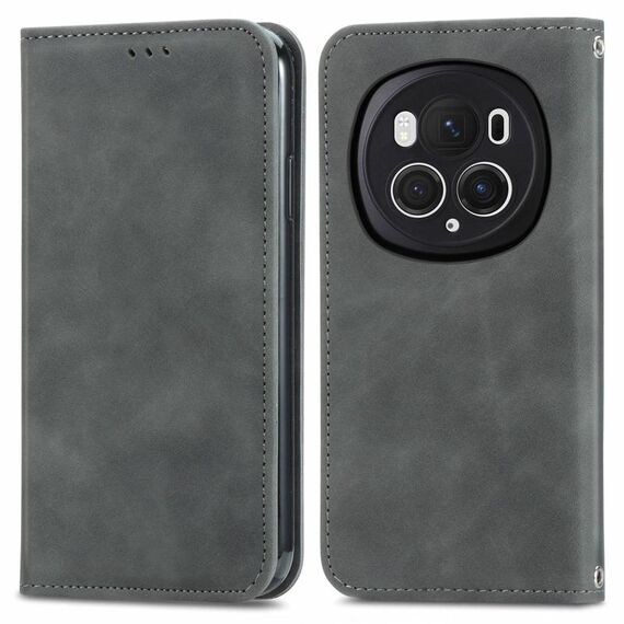 Per Honor Magic6 Pro Custodia per telefono in pelle con vibrazione magnetica retrò Skin Feel (grigio)