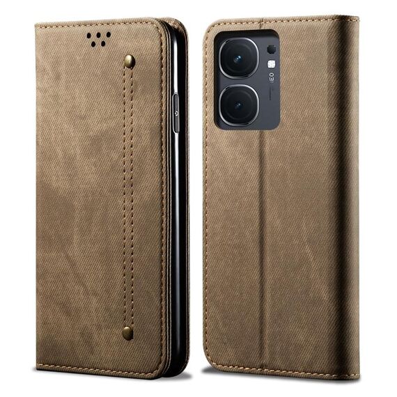 Custodia per telefono in pelle flip con texture denim per vivo iQOO Neo9 Pro / Neo9 (cachi)