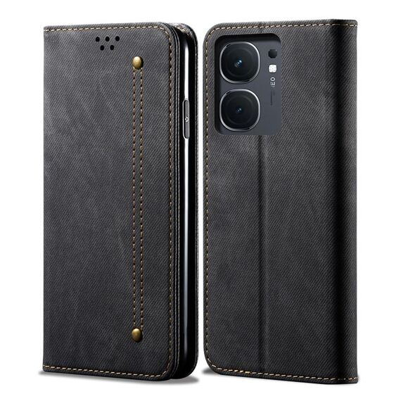 Custodia per cellulare in pelle flip con texture denim per vivo iQOO Neo9 Pro / Neo9 (nera)