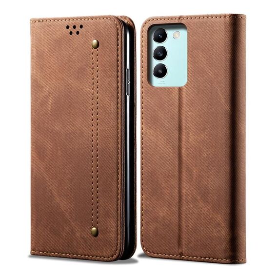 Custodia per telefono in pelle flip con texture denim IDN per vivo T3 / Y200E / Y100 (marrone)