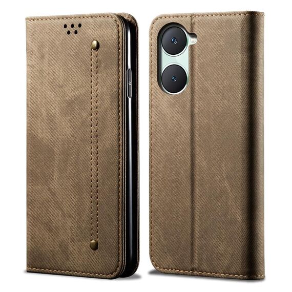 Custodia per cellulare in pelle flip con texture denim per vivo Y03 4G (cachi)